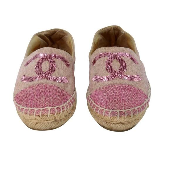 Chanel Espadrille 37 Leather Glitter Fabric Cc Cap Toe Flats CC-0220N-0040 - Picture 3 of 12